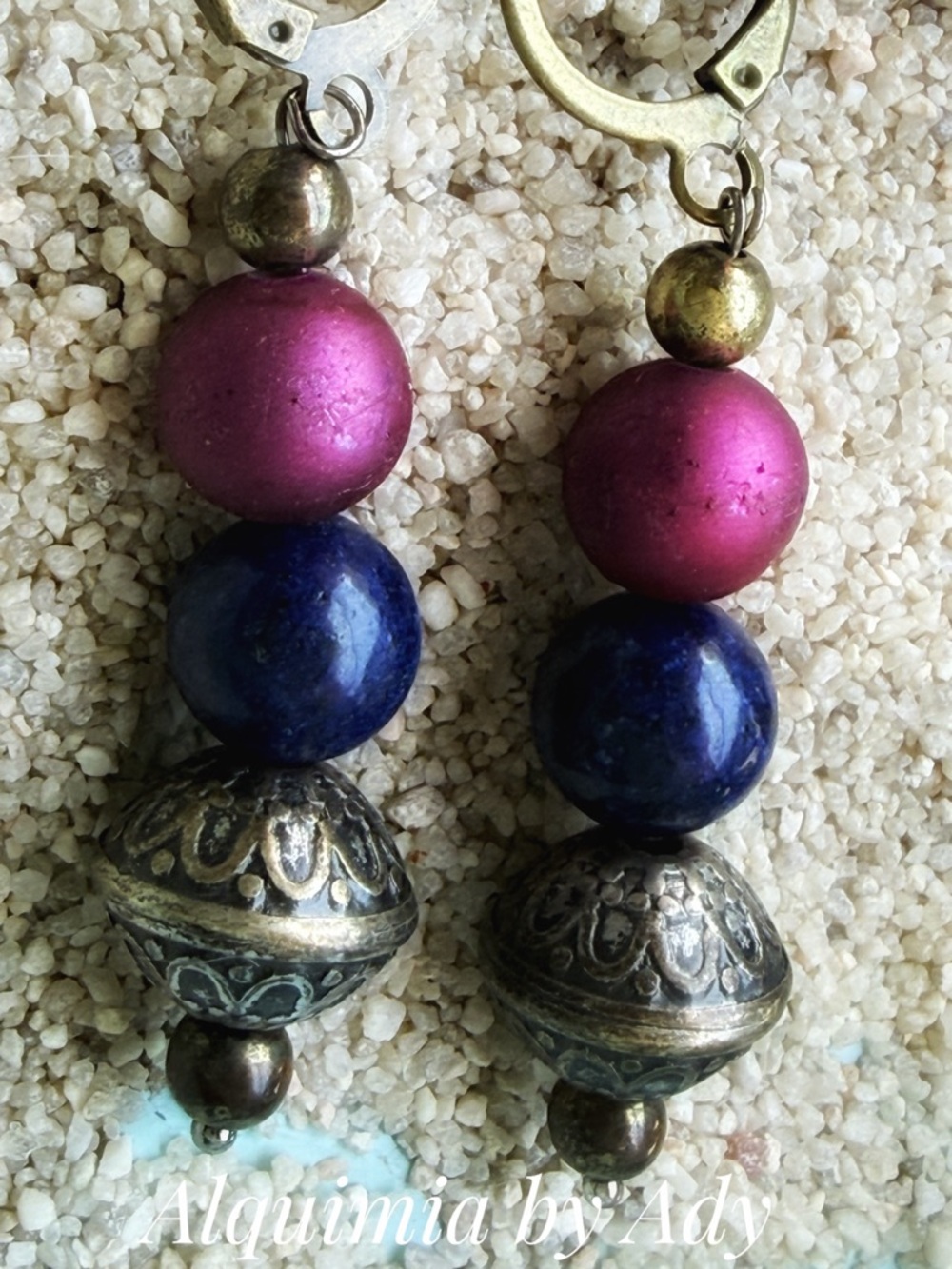 LAPIS LAZULI Magenta and Deep Blue Bead Dangle Earrings